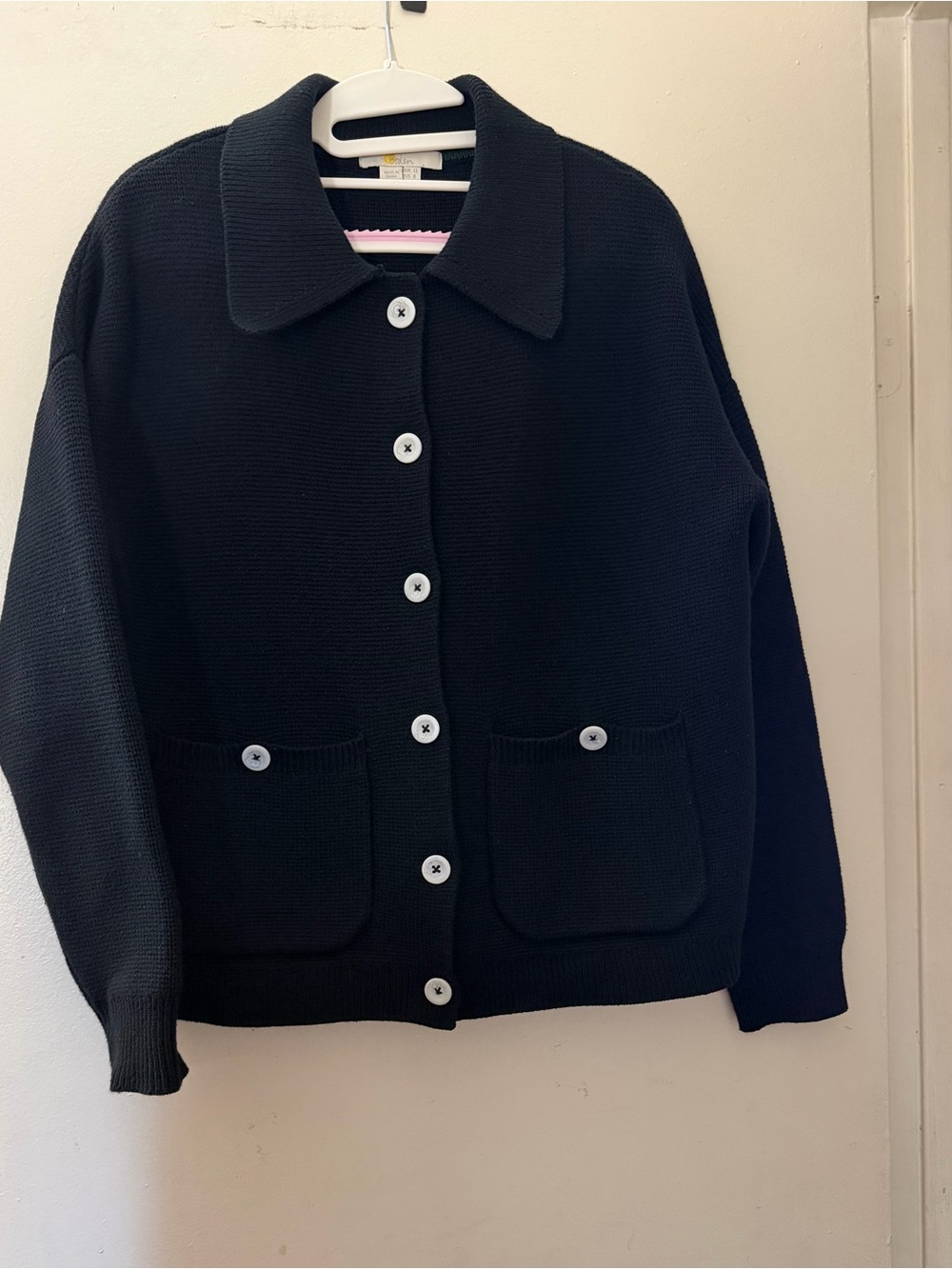 Boden Black Textured Knit Collared Cardigan Sweater Jacket Patch Pockets US 8